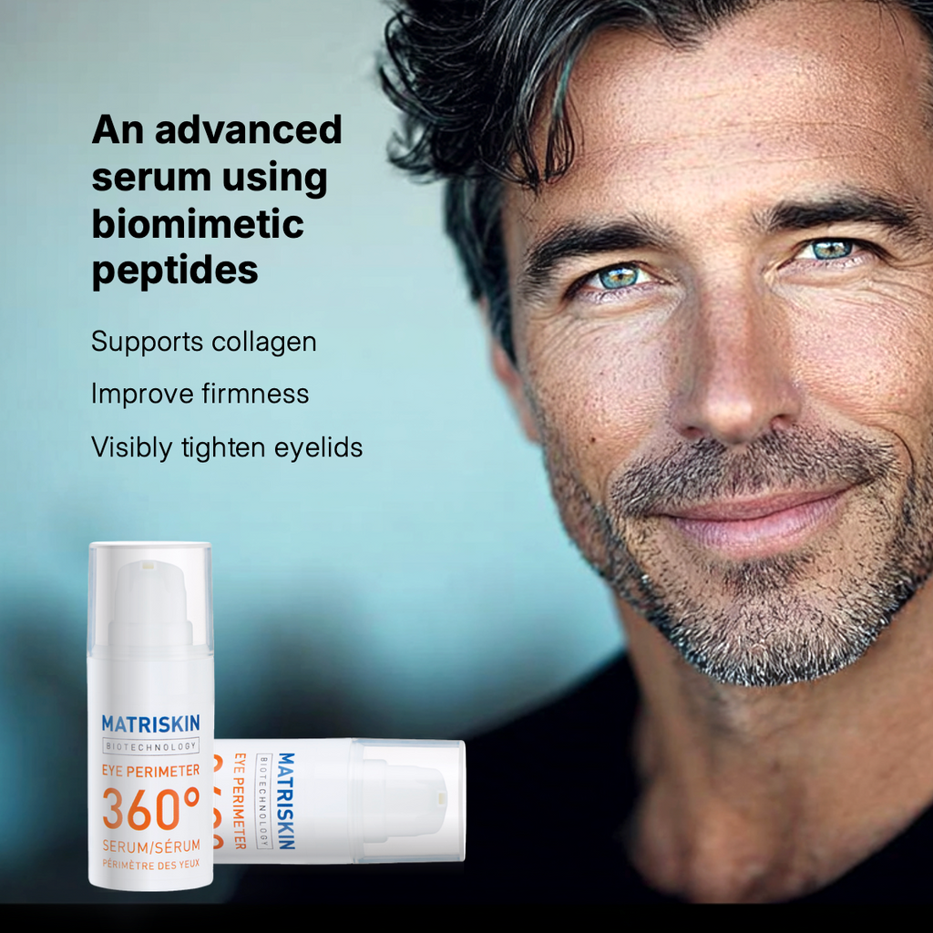 Man with skincare product packaging and text about an advanced serum using biomimetic peptides.