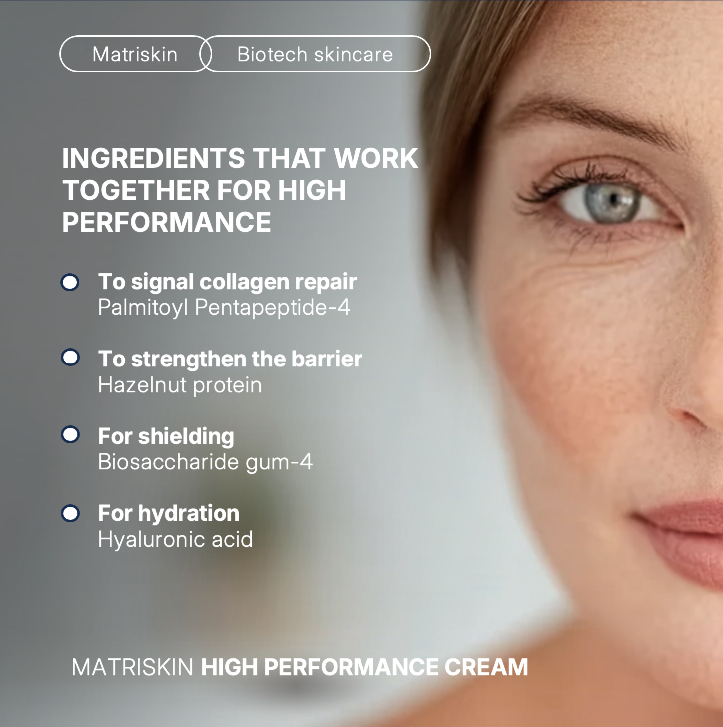 a face cream with peptides and hyaluronic acid. increases collagen, firmness of the skin, and helps wrinkles